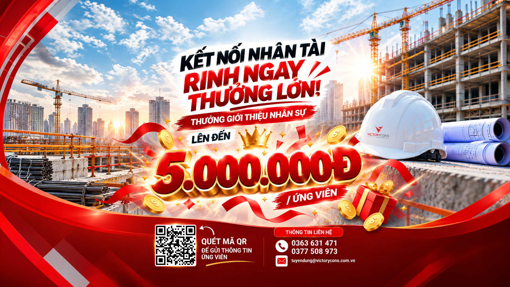 Banner tuyển dụng VictoryCons giữa công trường xây dựng