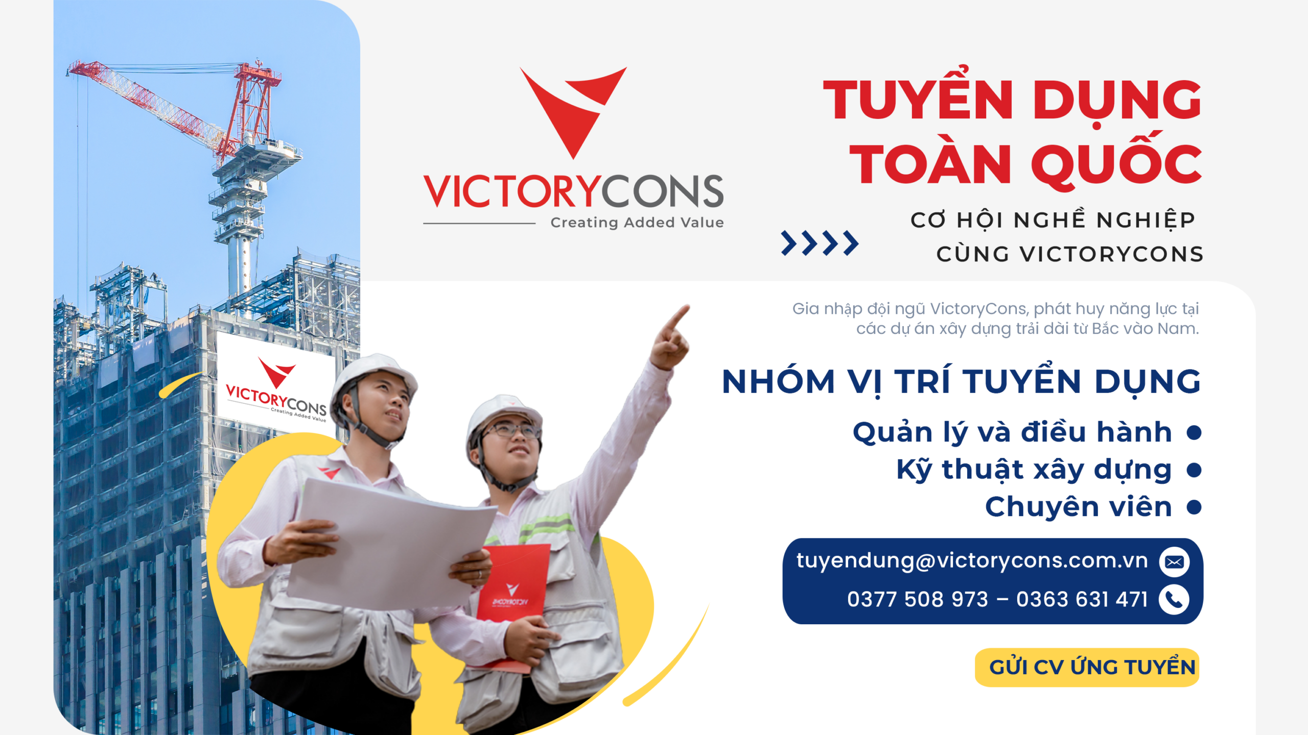Banner VictoryCons tuyển dụng toàn quốc với hình ảnh kỹ sư tại công trường xây dựng